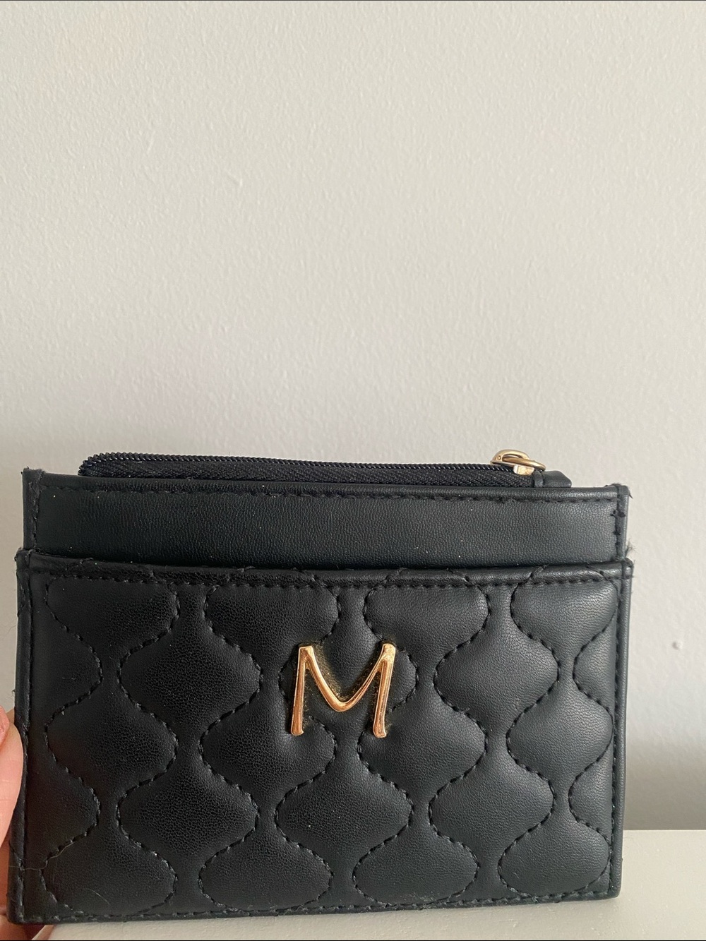 Quilted Black Card Holder Wallet with Gold M Accent